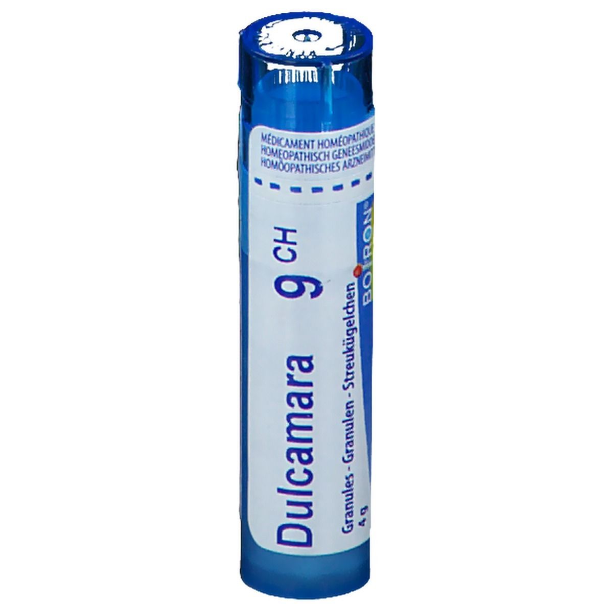 Blauw-witte cilindrische verpakking. Opschrift: Dulcamara 9 CH, Granules, Boiron. 4g.