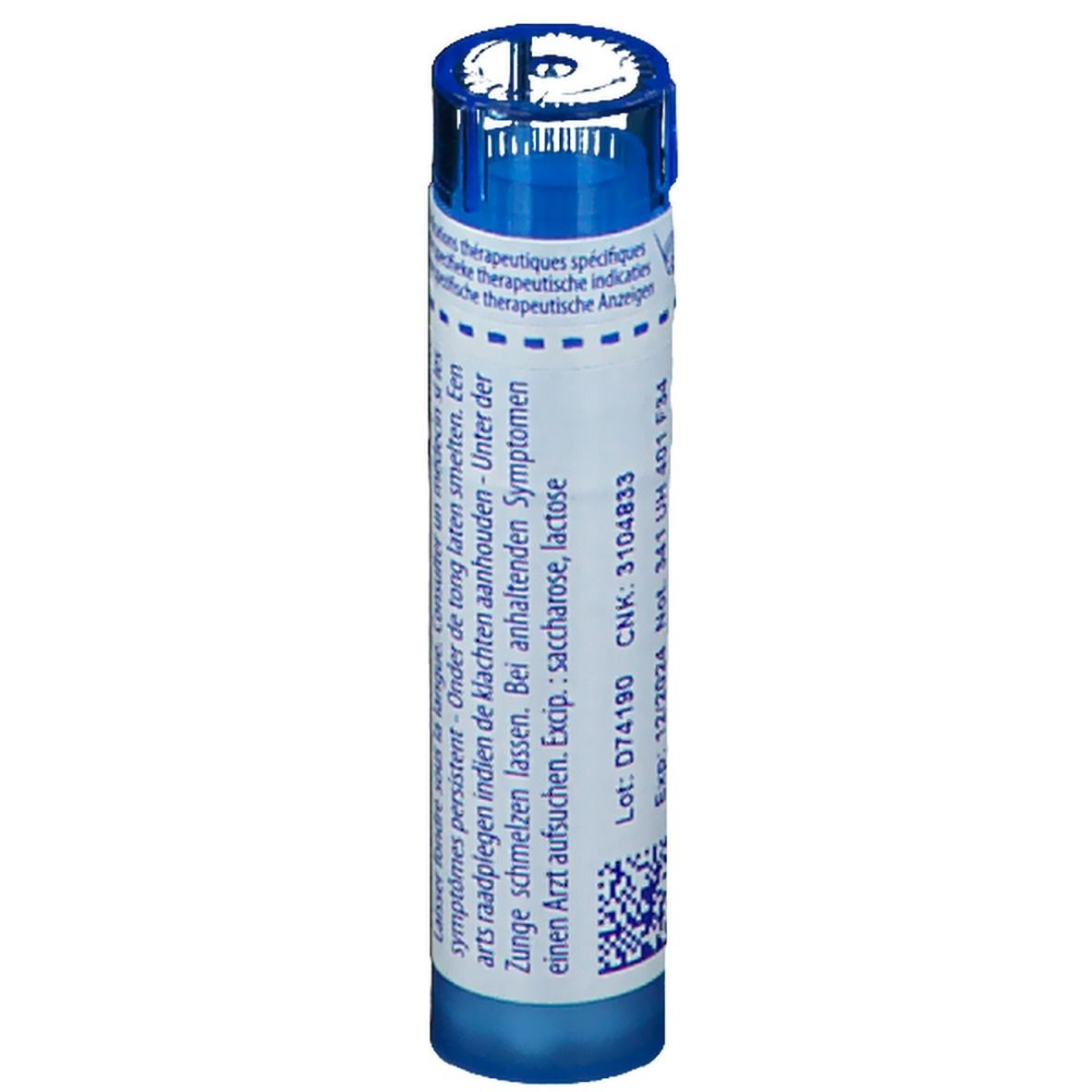 Blauw-witte cilindrische verpakking. Opschrift: CNK: 3104833, Lot: D74190, Exp: 12/2024. Bevat lactose, sucrose.