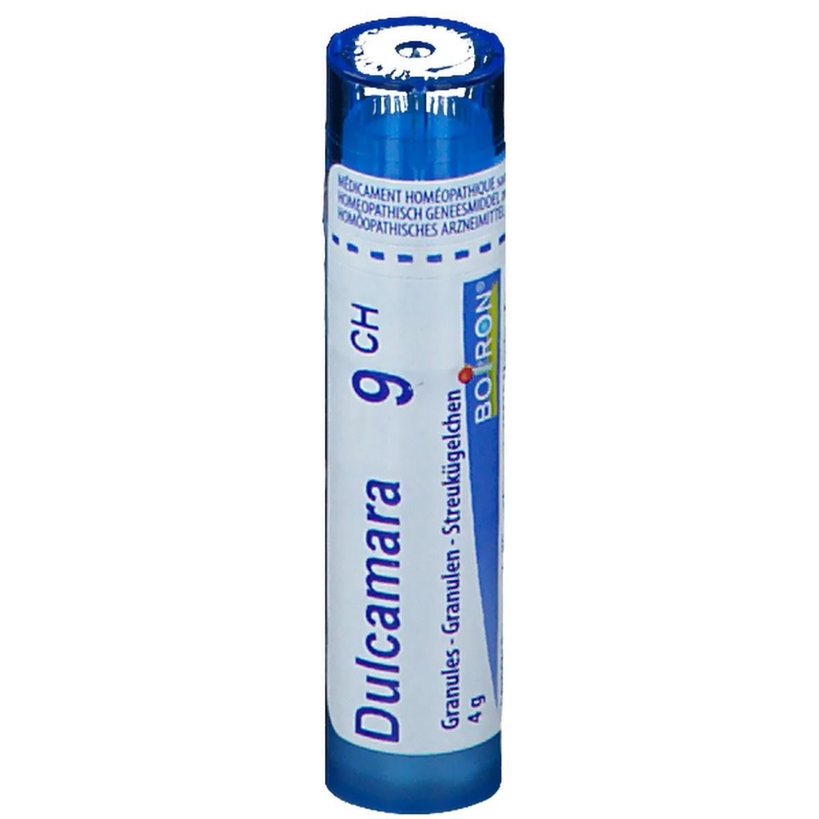 Blauw-witte cilindrische verpakking. Opschrift: Dulcamara 9 CH, Granules, Boiron. 4g.