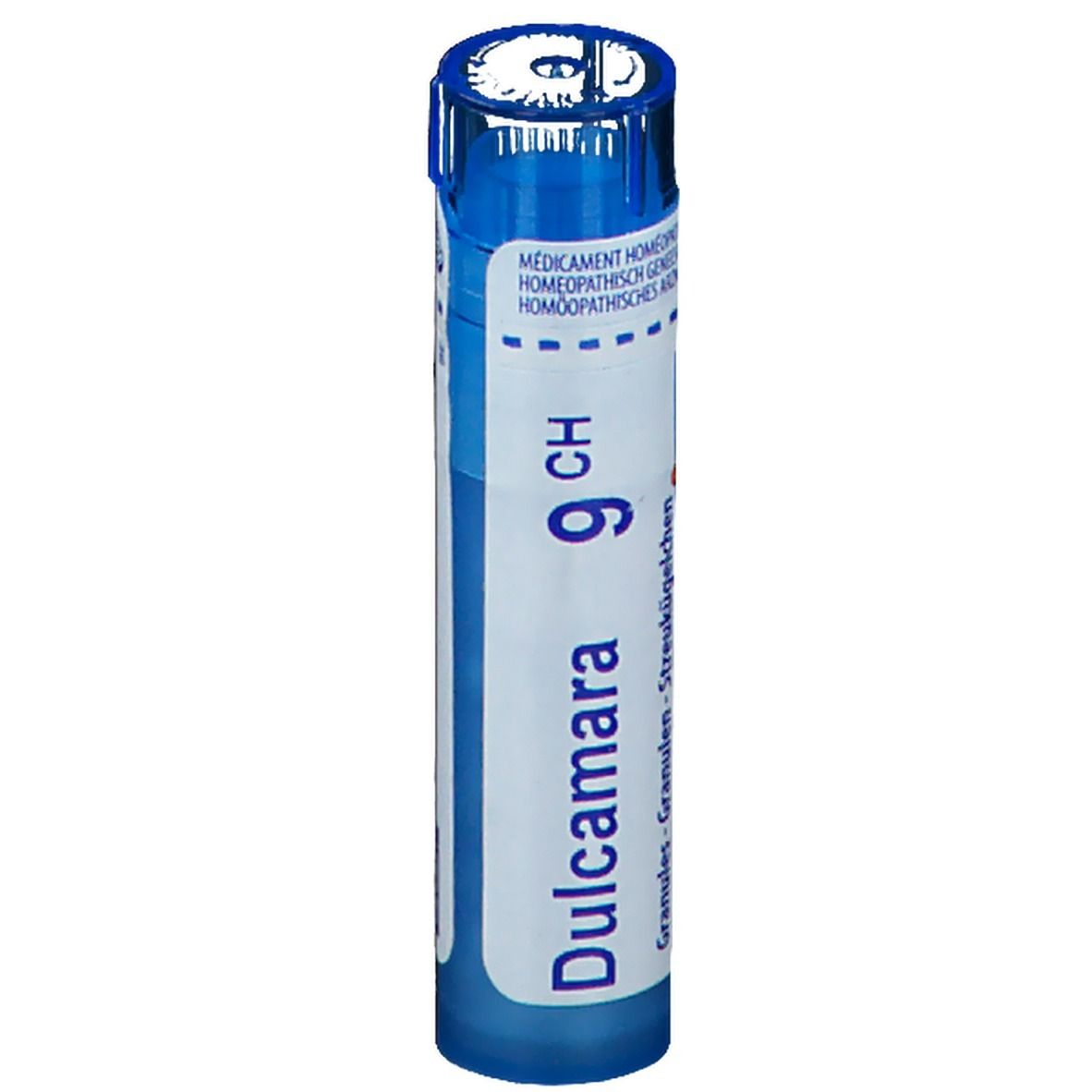 Blauw-witte cilindrische verpakking. Opschrift: Dulcamara 9 CH, Granules.