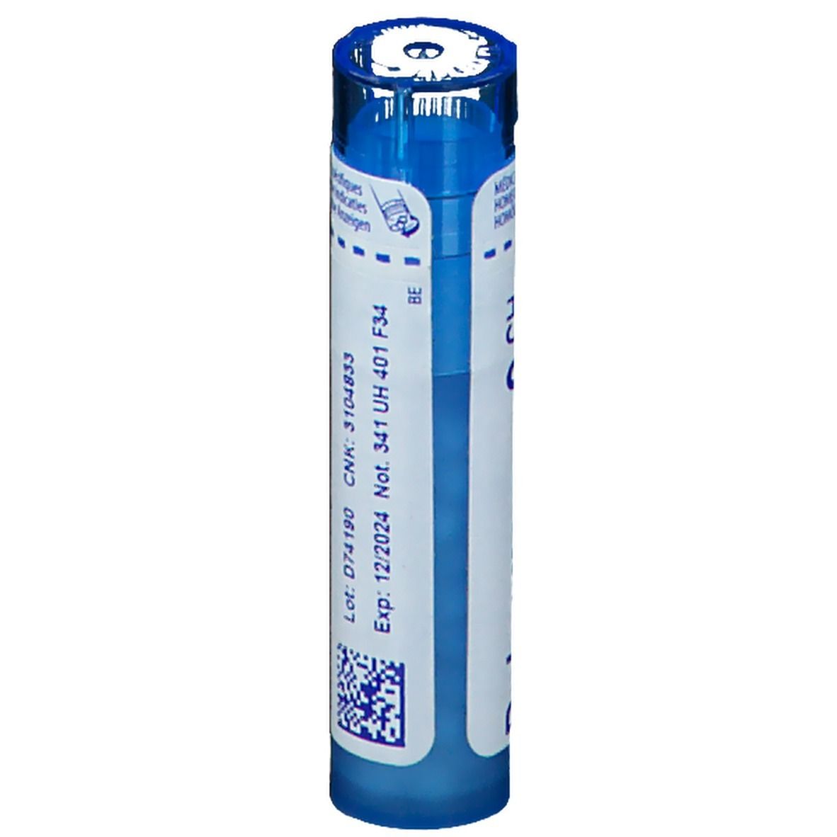 Blauw-witte cilindrische verpakking. Opschrift: CNK: 3104833, Exp: 12/2024. QR-code.