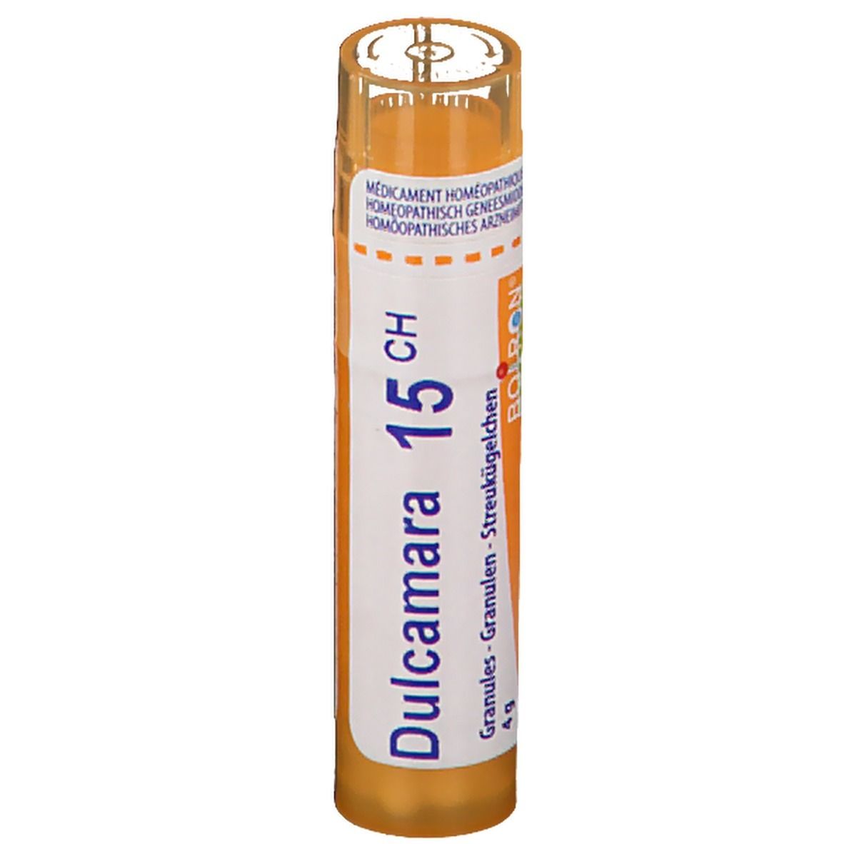 Tube orange avec étiquette blanche. Inscription "Dulcamara 15 CH". Contient des granules.