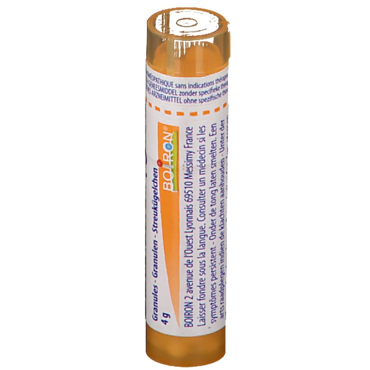 Tube orange avec logo BOIRON. Contient des granules. Étiquette blanche avec informations.