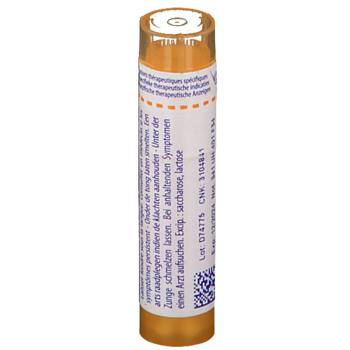 Tube orange avec étiquette blanche. Contient des granules. Informations sur le produit.