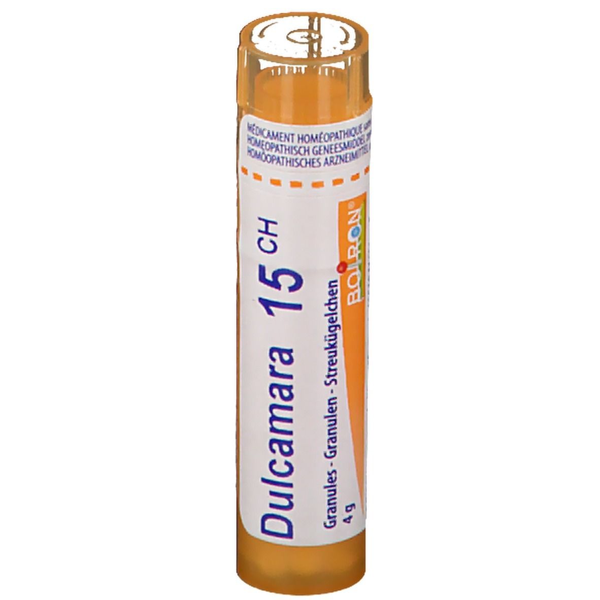 Tube orange avec étiquette blanche. Inscription "Dulcamara 15 CH". Contient des granules.