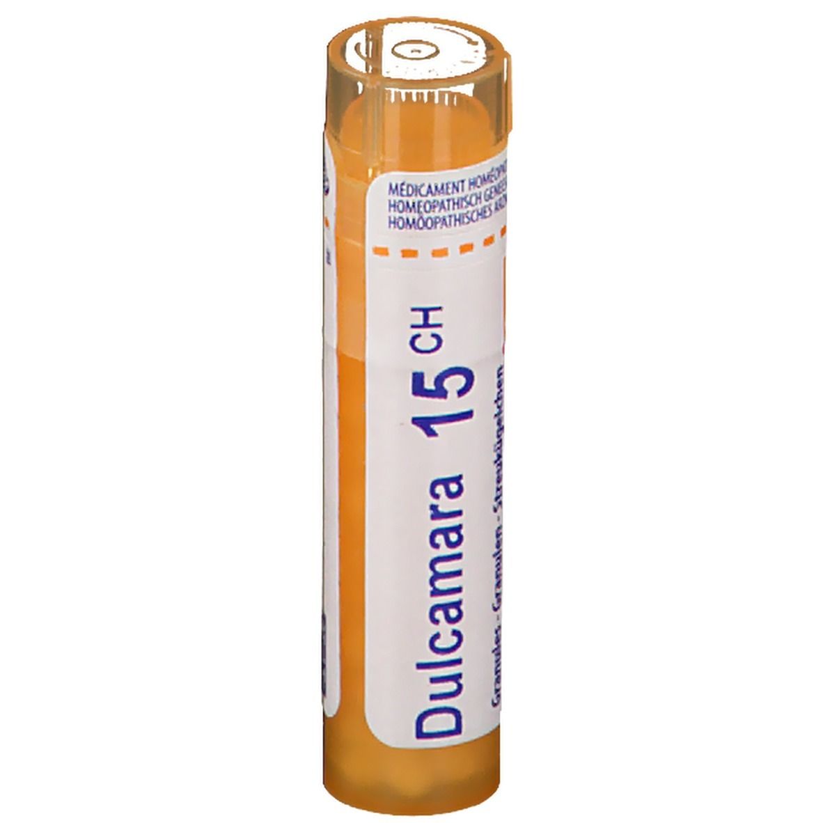 Tube orange avec étiquette blanche. Inscription "Dulcamara 15 CH". Contient des granules.
