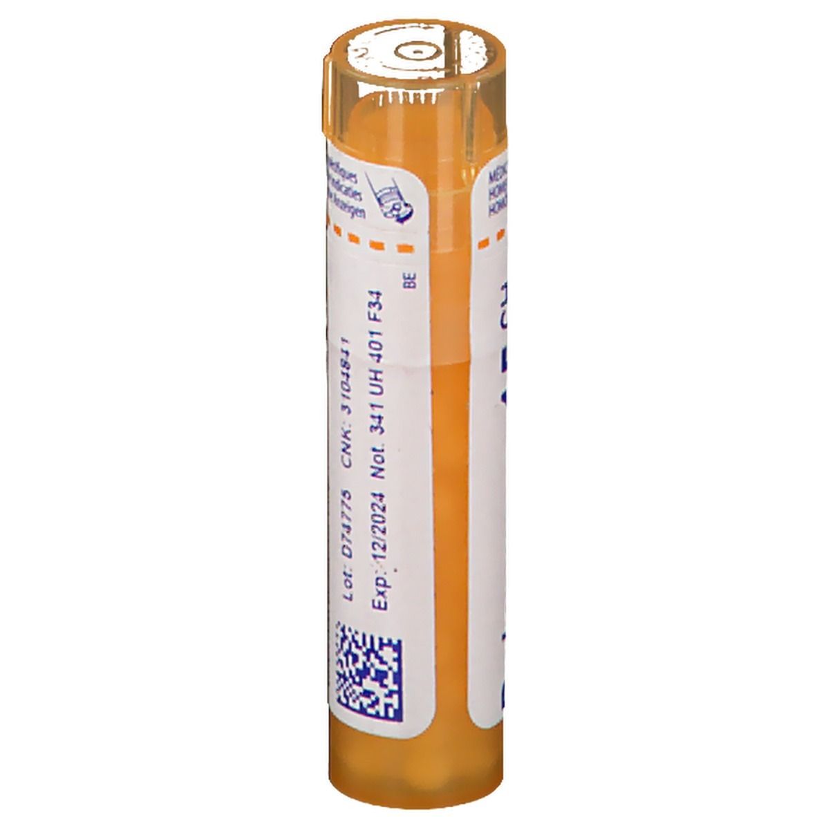 Tube orange avec étiquette blanche. Informations et code QR. Contient des granules.