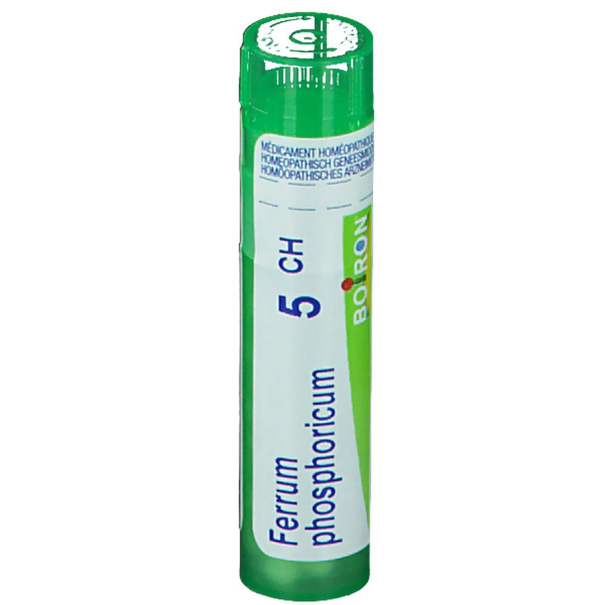 Tube vert avec étiquette blanche. Inscription: 5 CH, Ferrum phosphoricum, Boiron. Médicament homéopathique.