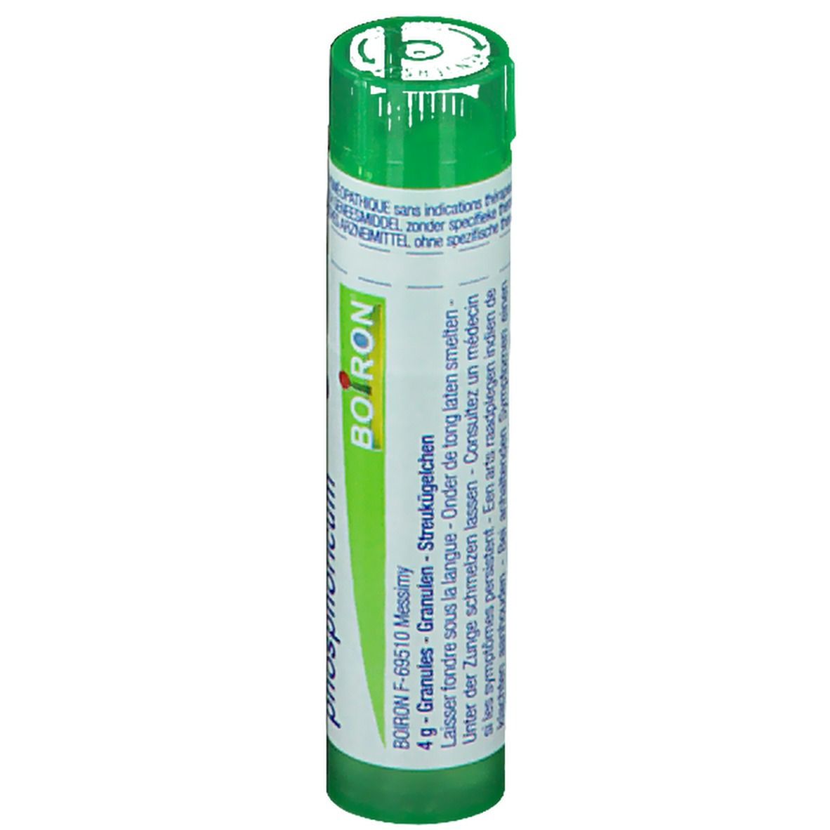 Tube vert avec étiquette blanche. Texte: Granules, 4 g, Boiron. Instructions en allemand, français, néerlandais.