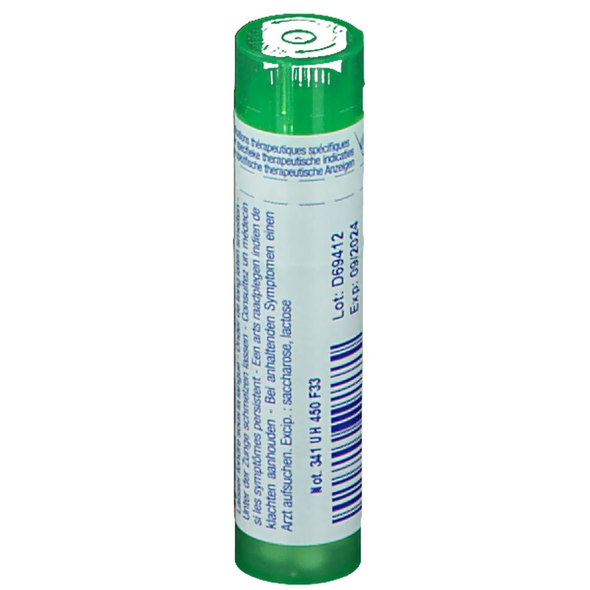 Tube vert avec étiquette blanche. Texte: Lot, Date d'expiration. Instructions en allemand, français, néerlandais.