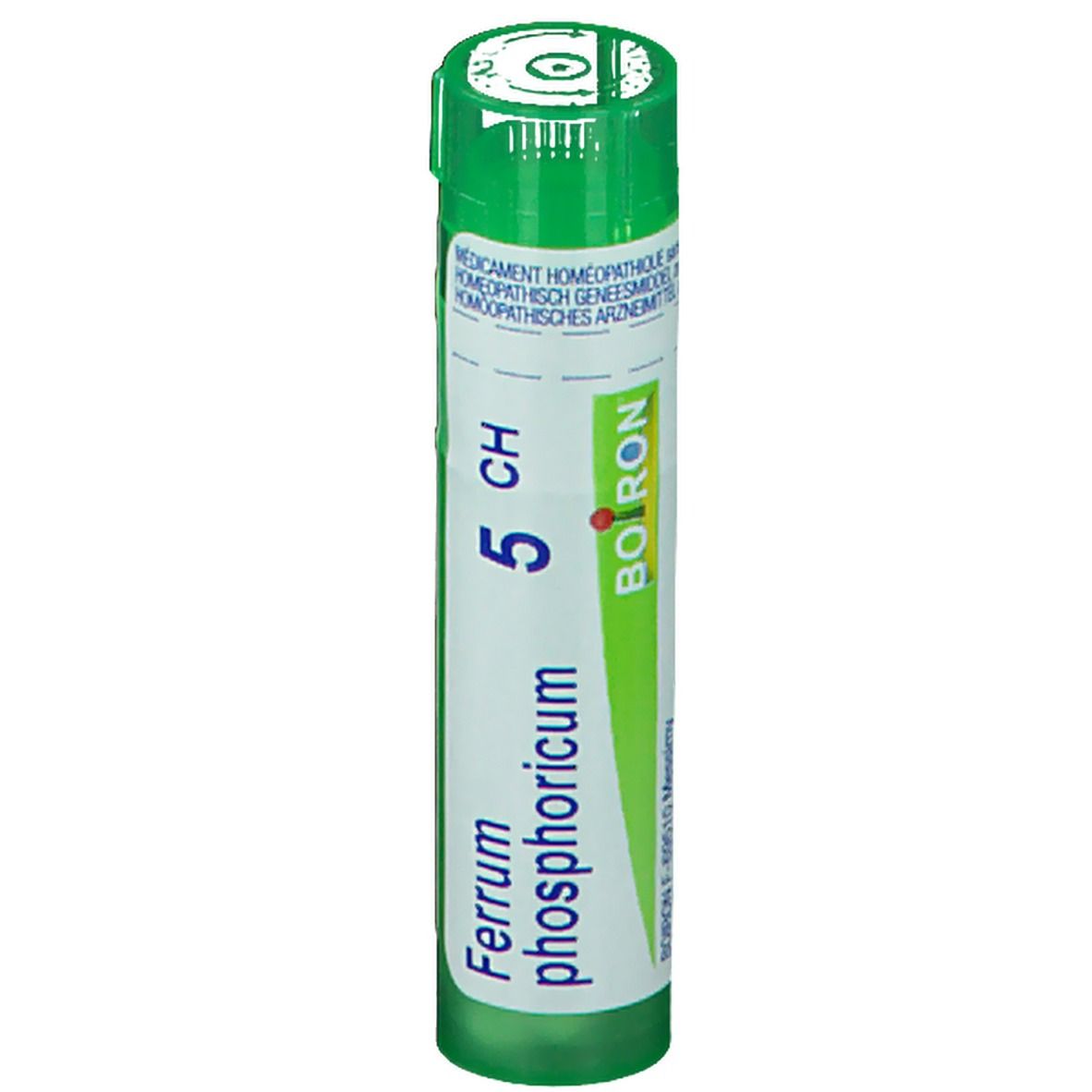 Tube vert avec étiquette blanche. Inscription: 5 CH, Ferrum phosphoricum, Boiron. Point rouge.
