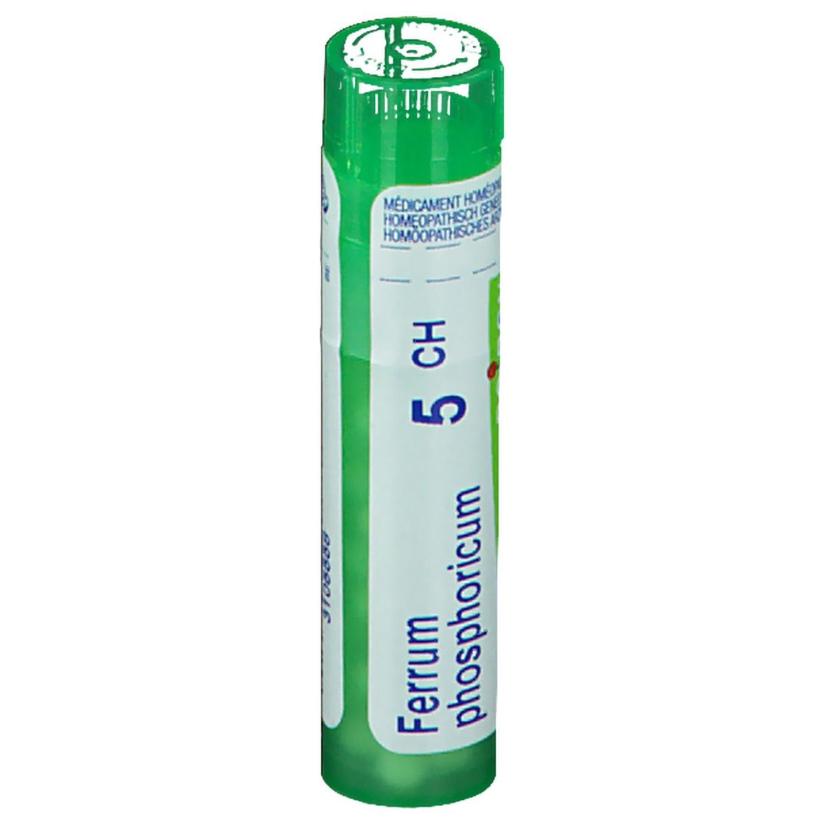 Tube vert avec étiquette blanche. Inscription: 5 CH, Ferrum phosphoricum. Médicament homéopathique.