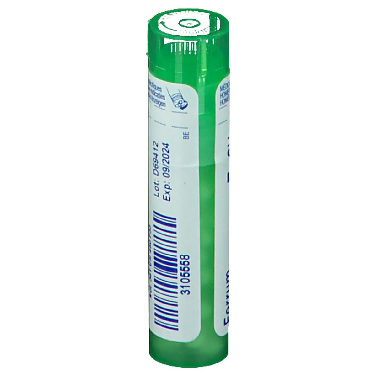 Tube vert avec étiquette blanche. Texte: Lot, Date d'expiration. Inscription: Ferrum phosphoricum. Médicament homéopathique.