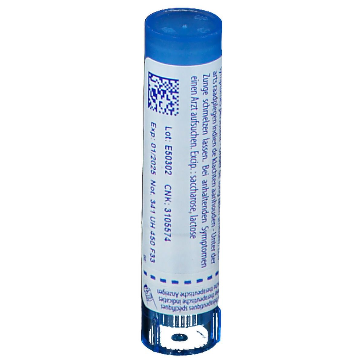 Cilindrische verpakking met blauwe dop. Bevat informatie zoals lotnummer, vervaldatum en ingrediënten.