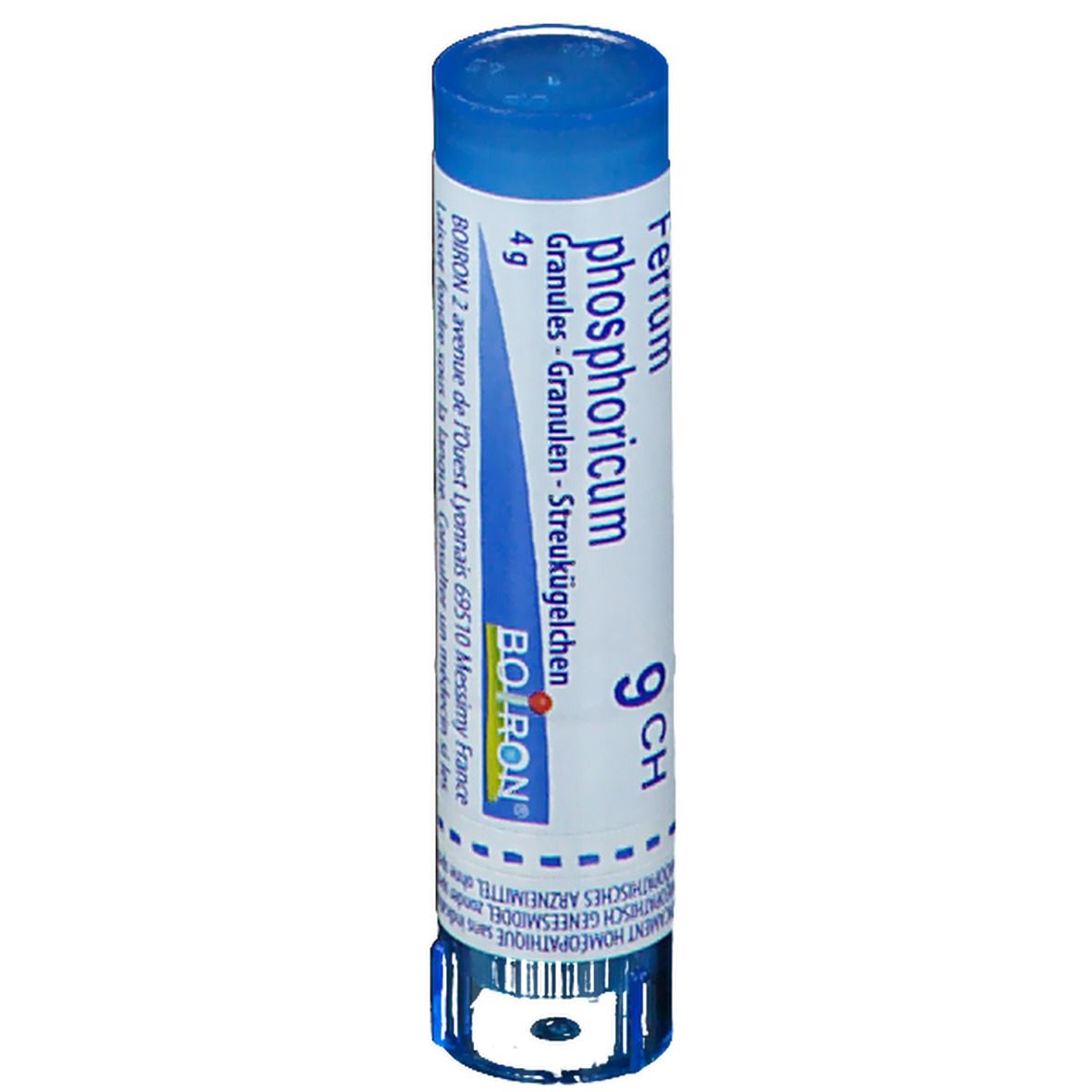 Cilindrische verpakking met blauwe dop. Opschrift: Ferrum phosphoricum 9 CH, Boiron. Bevat korrels.
