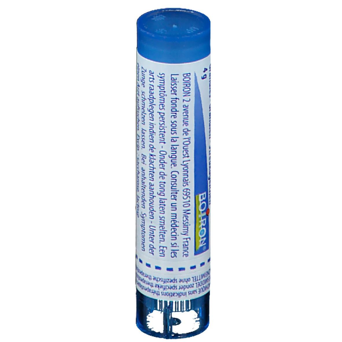 Cilindrische verpakking met blauwe dop. Bevat informatie zoals gebruiksaanwijzing en adres van de fabrikant.