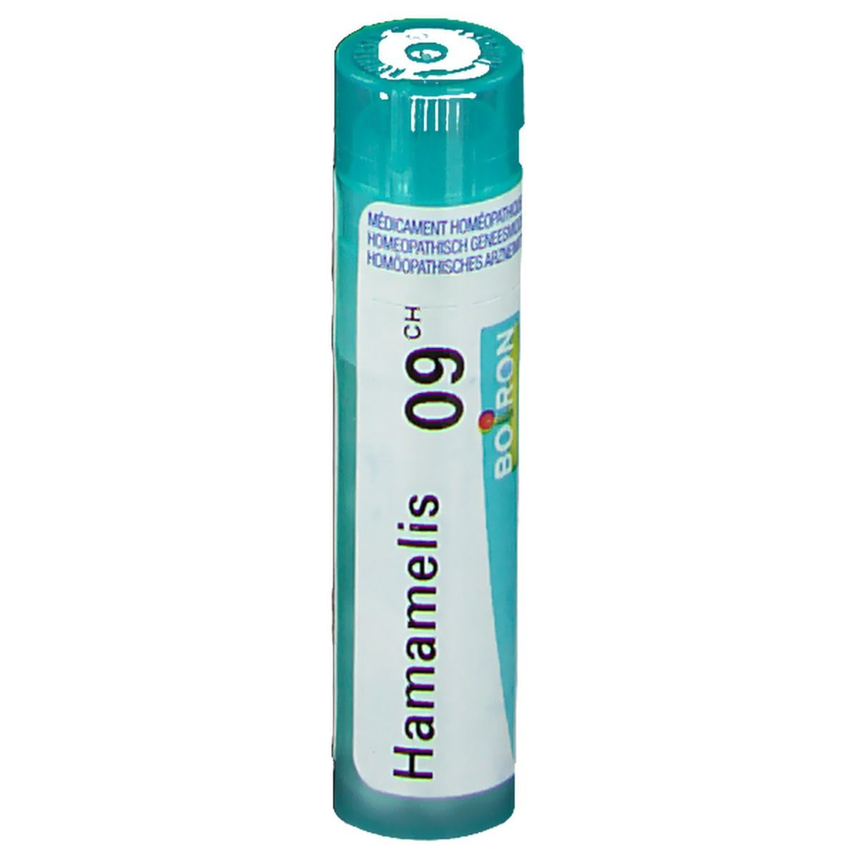 Tube cylindrique Hamamelis Virginiana 9CH. Marque Boiron. Bouchon turquoise. Inscriptions blanches.