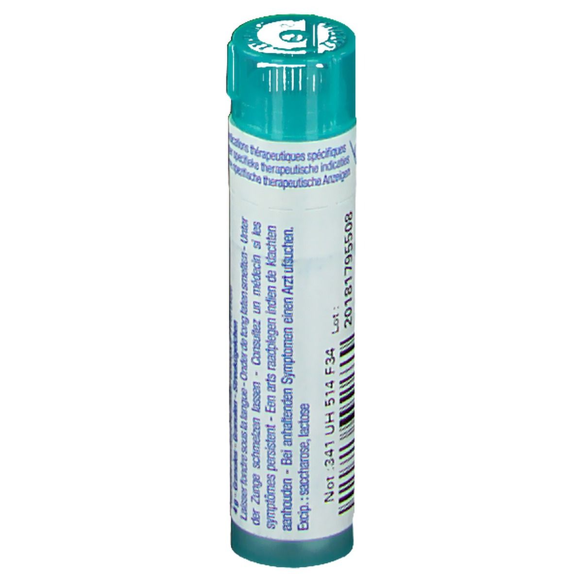 Tube cylindrique Hamamelis Virginiana 9CH. Marque Boiron. Bouchon turquoise. Inscriptions blanches.