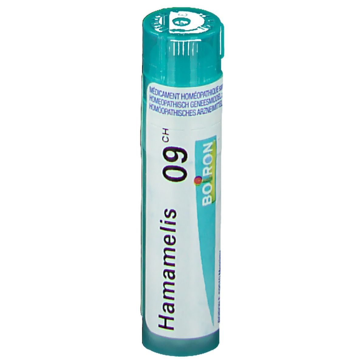Tube cylindrique Hamamelis Virginiana 9CH. Marque Boiron. Bouchon turquoise. Inscriptions blanches.