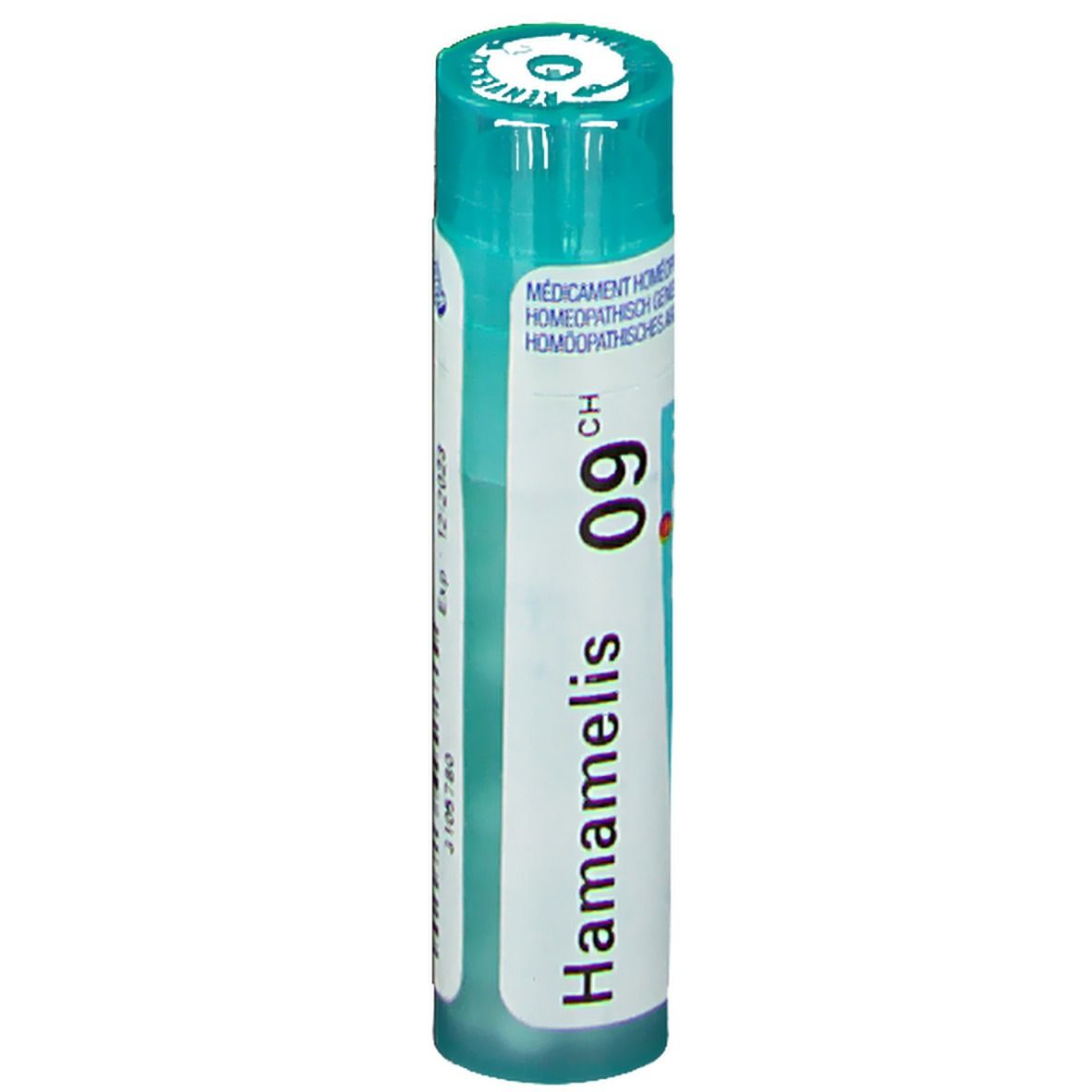 Tube cylindrique Hamamelis Virginiana 9CH. Marque Boiron. Bouchon turquoise. Inscriptions blanches.