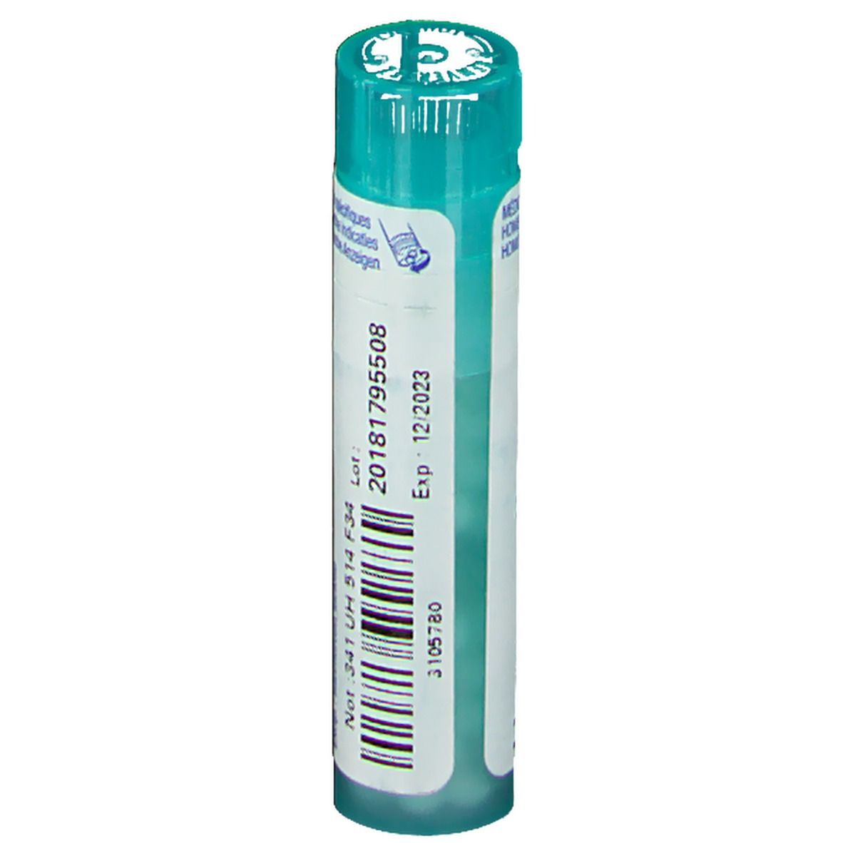 Tube cylindrique Hamamelis Virginiana 9CH. Marque Boiron. Bouchon turquoise. Inscriptions blanches.