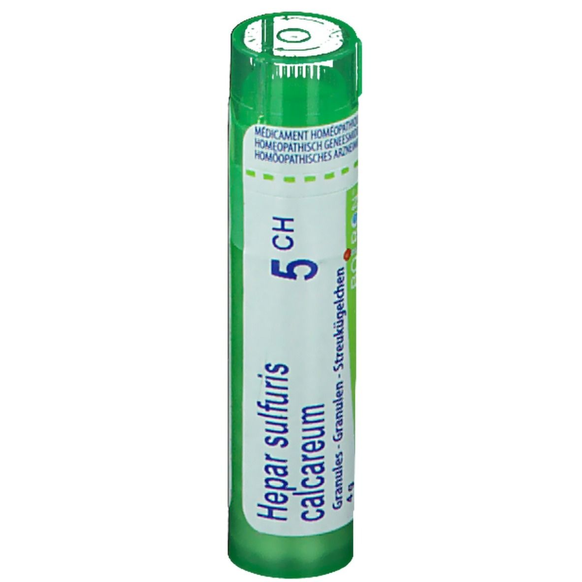Tube vert avec étiquette blanche. Inscription: Hepar sulfuris calcareum 5 CH. Granules - Streukügelchen.