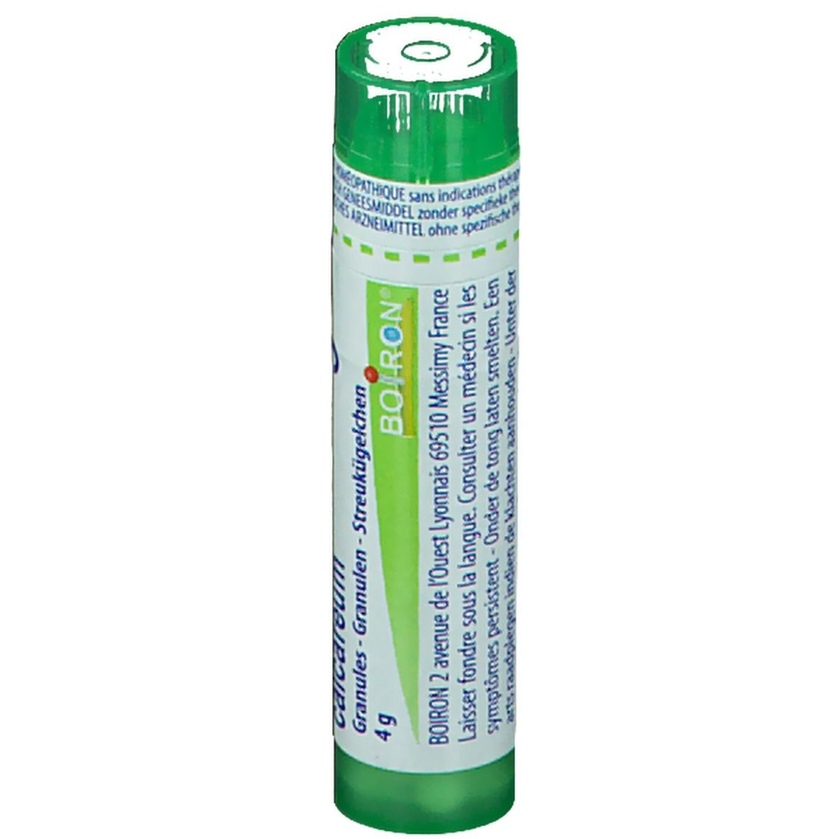 Tube vert avec étiquette blanche. Inscription: BOIRON, calcareum, 4 g. Texte en français.