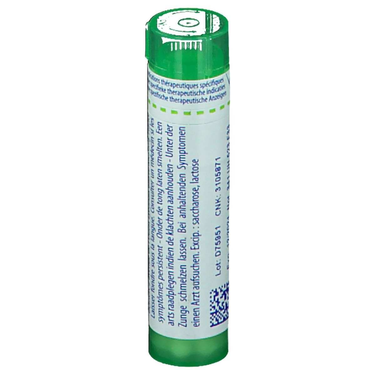 Tube vert avec étiquette blanche. Texte: CNK: 3105871, Lot: D75951. Code QR.