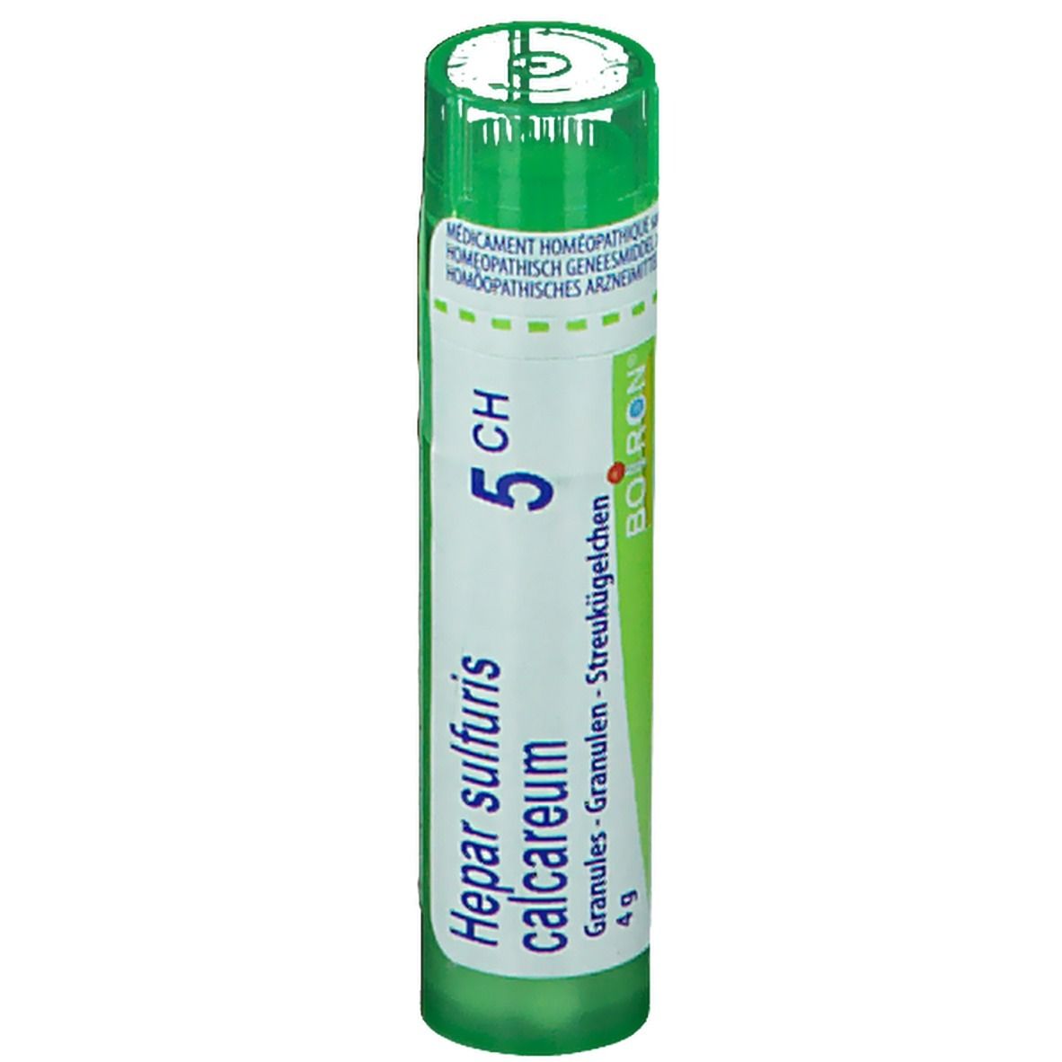 Tube vert avec étiquette blanche. Inscription: Hepar sulfuris calcareum 5 CH. BOIRON.