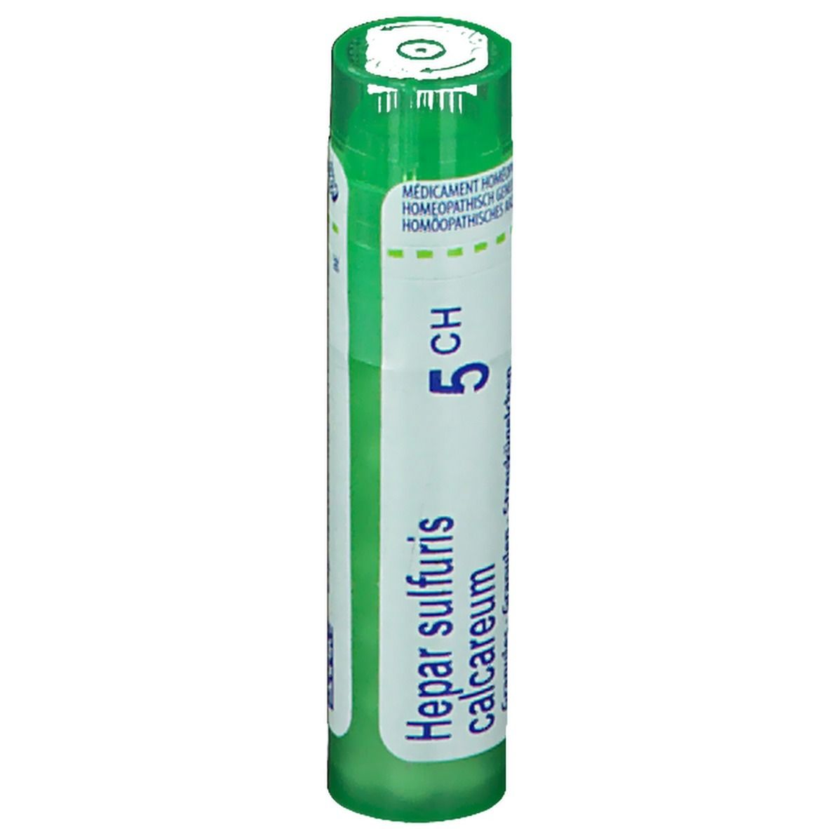 Tube vert avec étiquette blanche. Inscription: Hepar sulfuris calcareum 5 CH.
