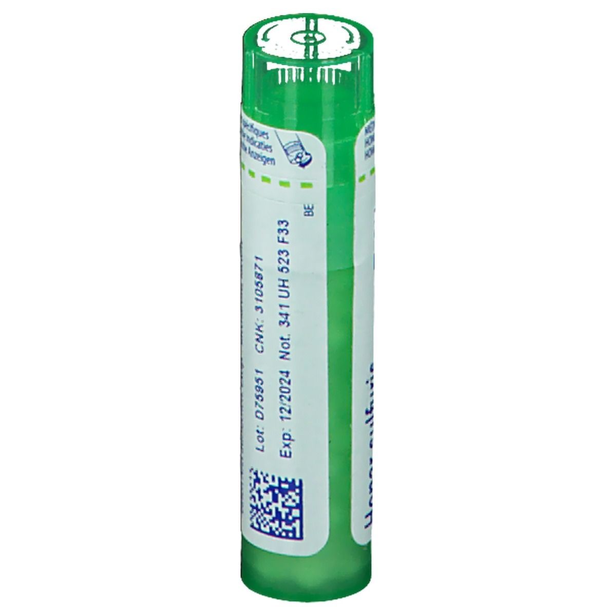 Tube vert avec étiquette blanche. Texte: CNK: 3105871, Exp: 12/2024. Hepar sulfuris.