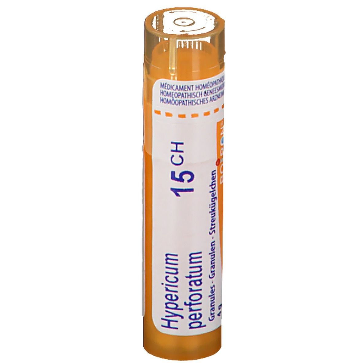 Tube cylindrique avec étiquette blanche. Inscription : Hypericum perforatum 15CH. Granules - Streukügelchen.