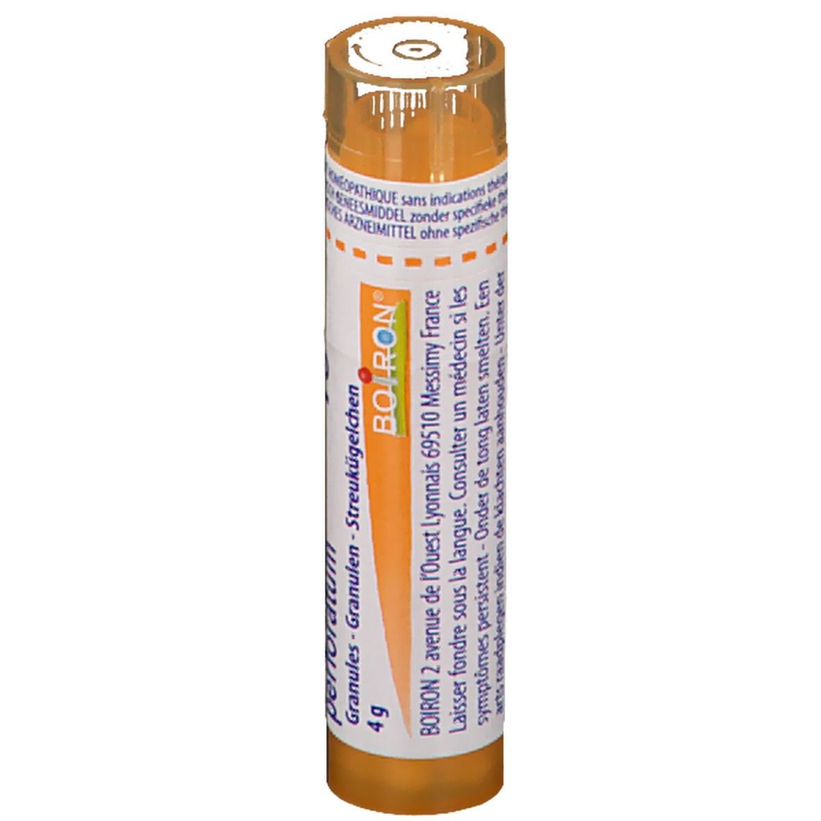 Tube cylindrique avec étiquette blanche. Inscription : BOIRON. Granules - Streukügelchen. 4g.