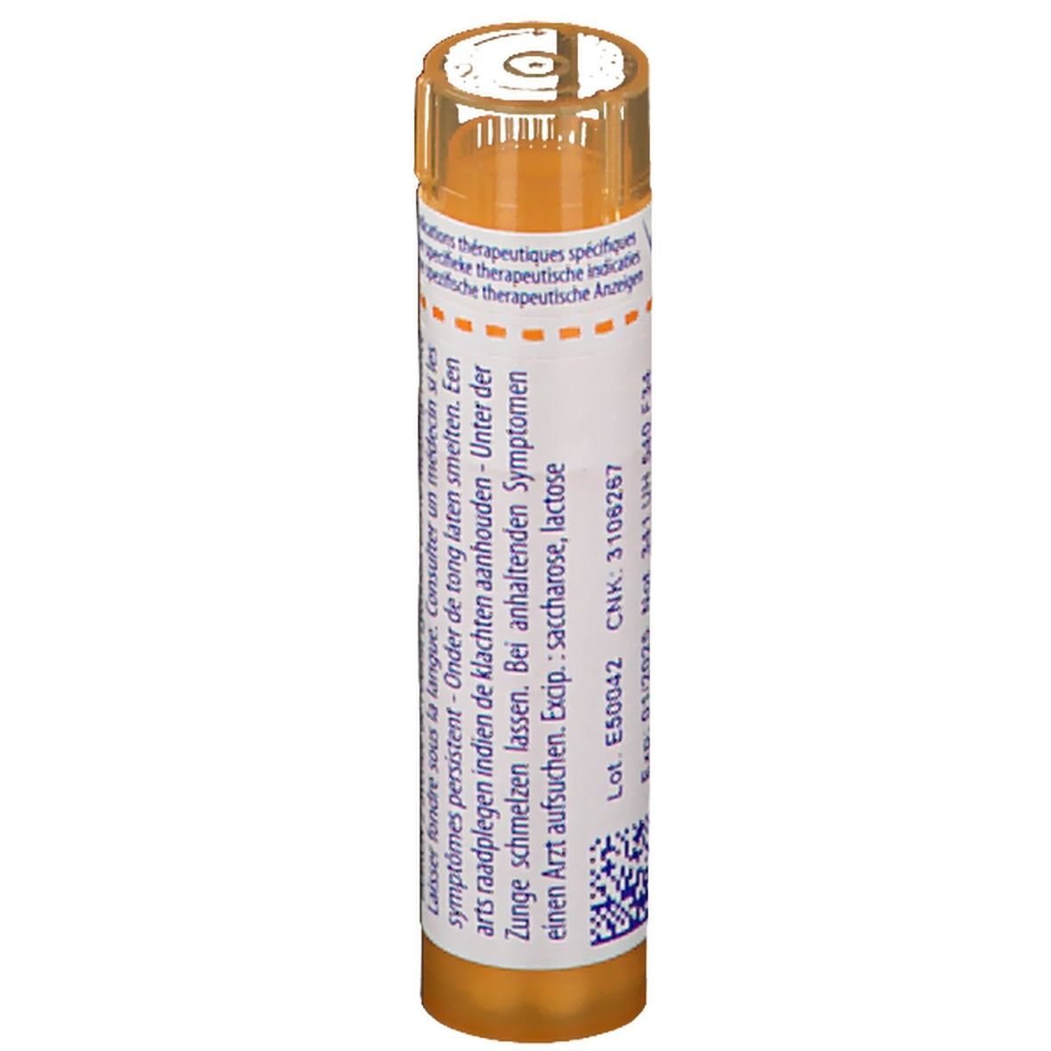 Tube cylindrique avec étiquette blanche. Inscription : CNK, E50042. Contient saccharose, lactose. Numéro de lot et date d'expiration.