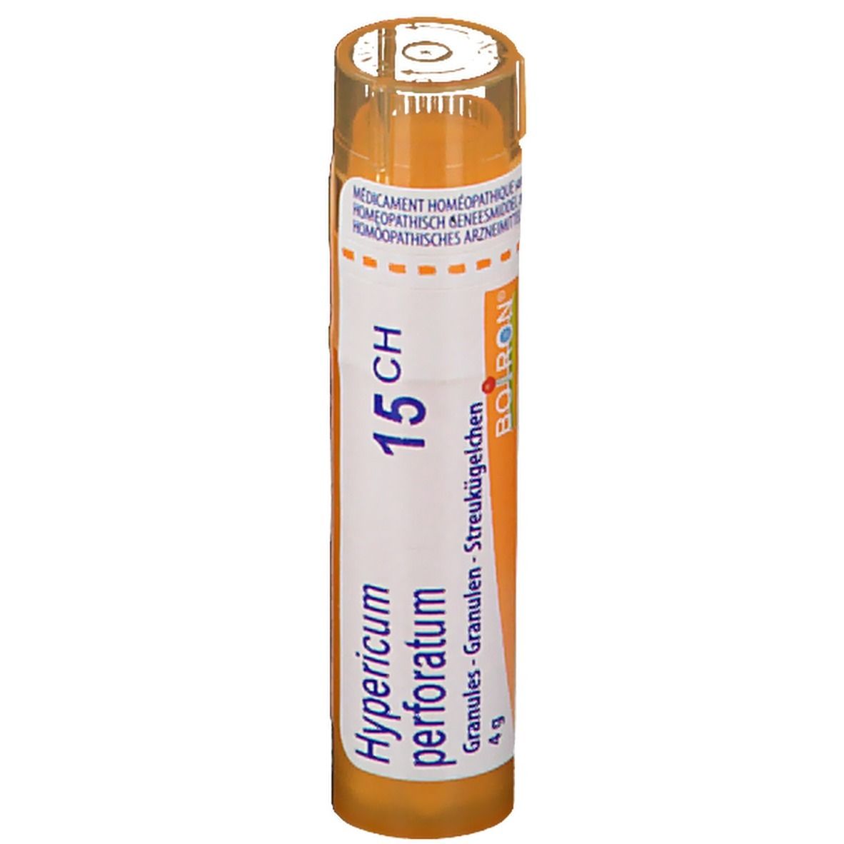 Tube cylindrique avec étiquette blanche. Inscription : Hypericum perforatum 15CH. Granules - Streukügelchen. BOIRON.