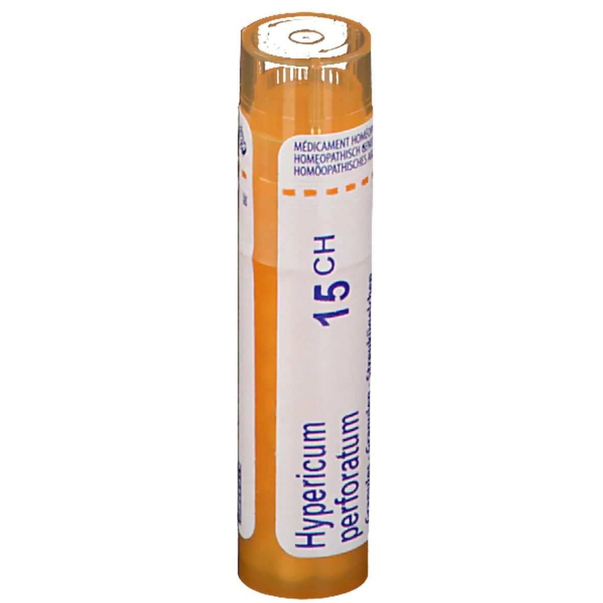 Tube cylindrique avec étiquette blanche. Inscription : Hypericum perforatum 15CH. Granules - Streukügelchen.
