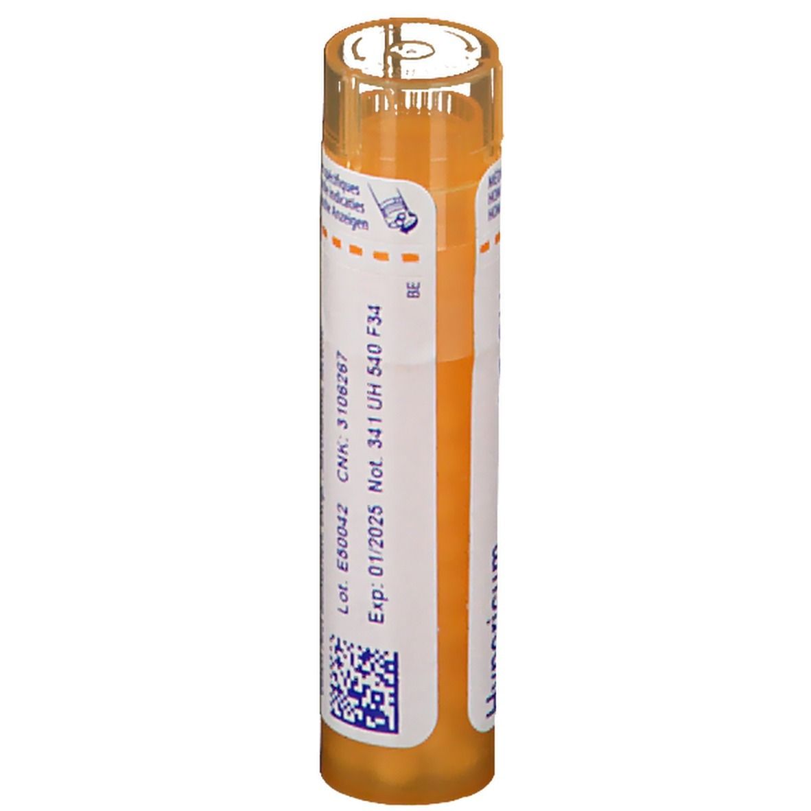 Tube cylindrique avec étiquette blanche. Inscription : CNK, E50042. Date d'expiration : 01/2025. Contient Hypericum.