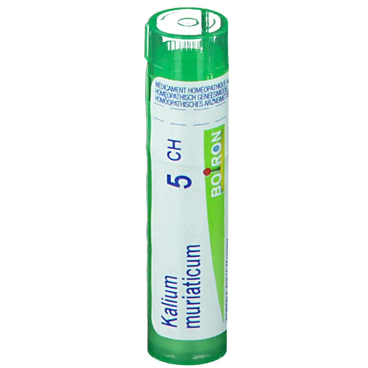 Tube cylindrique vert. Inscription: Kalium muriaticum 5 CH, Boiron.