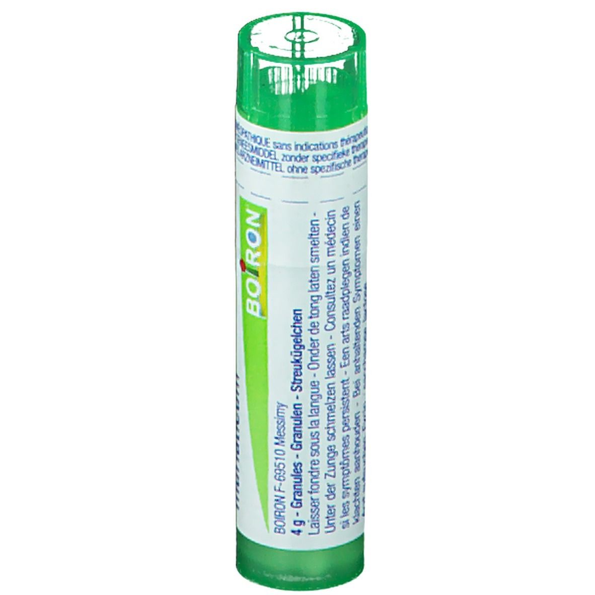 Tube cylindrique vert. Inscription: Boiron, granules, 4 g.
