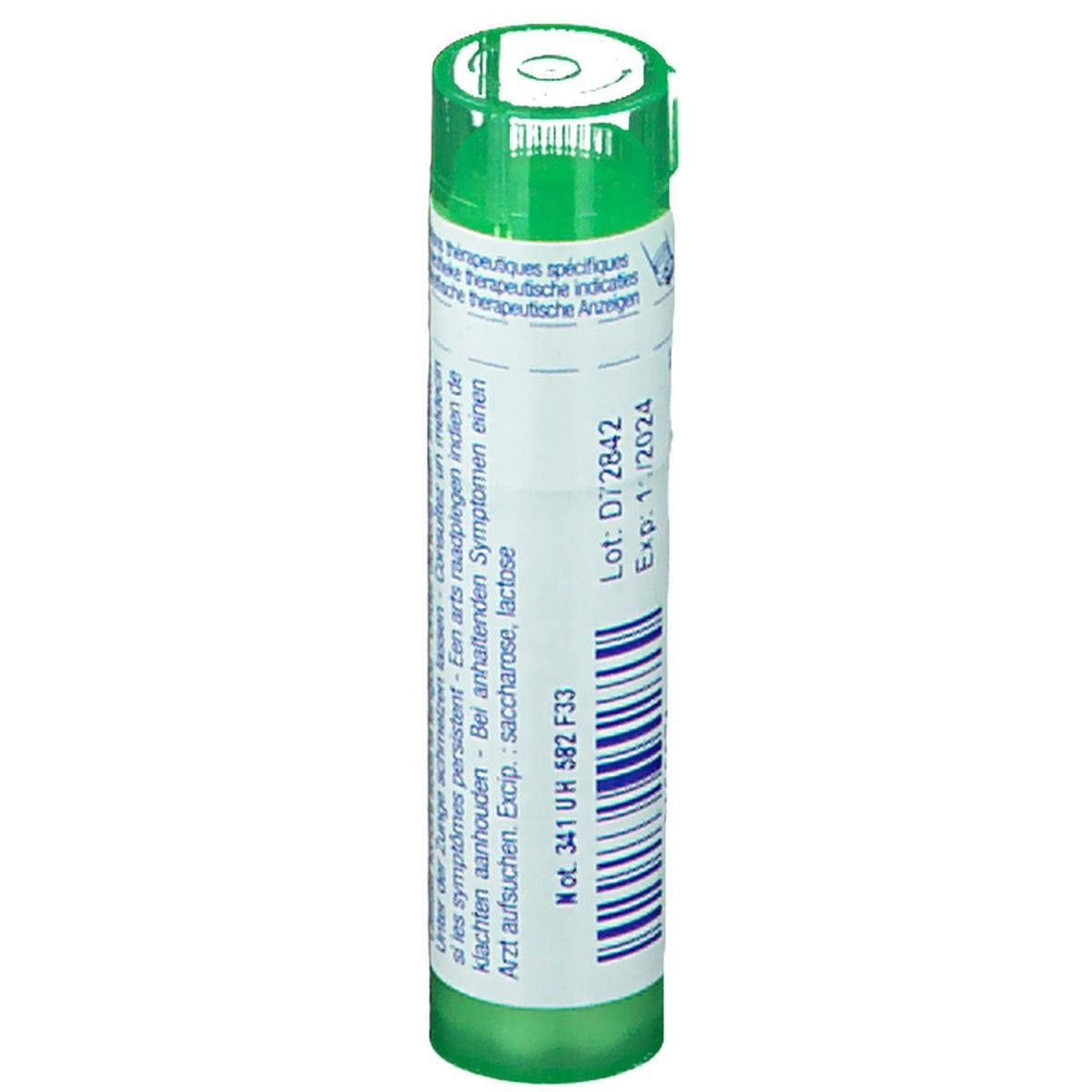 Tube cylindrique vert. Inscription: Numéro de lot et date de péremption.