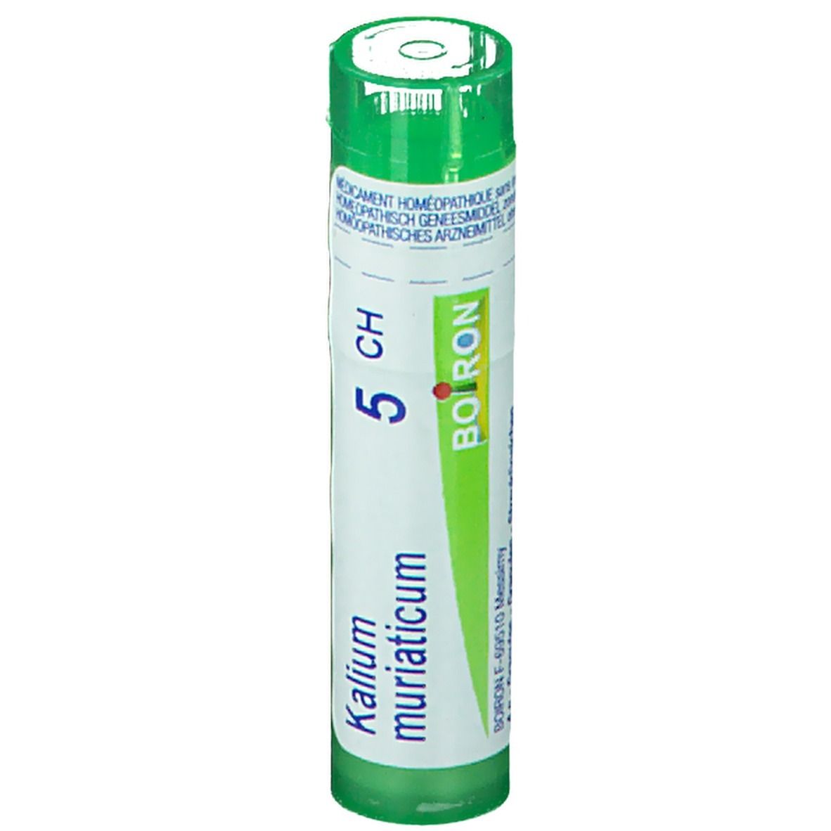 Tube cylindrique vert. Inscription: Kalium muriaticum 5 CH, Boiron.