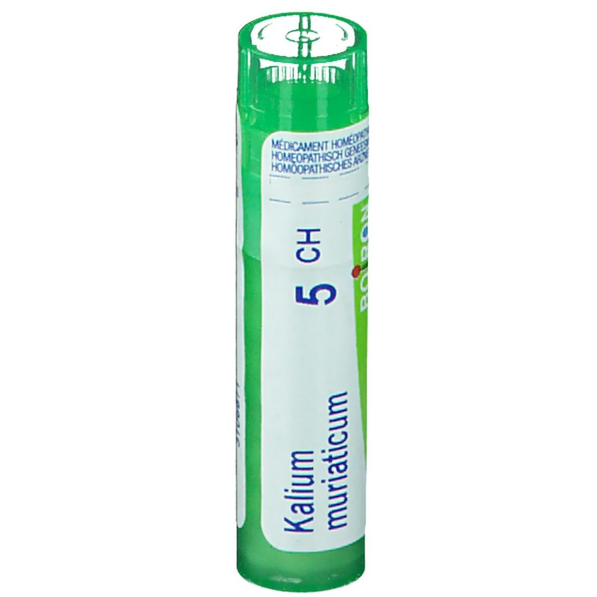 Tube cylindrique vert. Inscription: Kalium muriaticum 5 CH, Boiron.