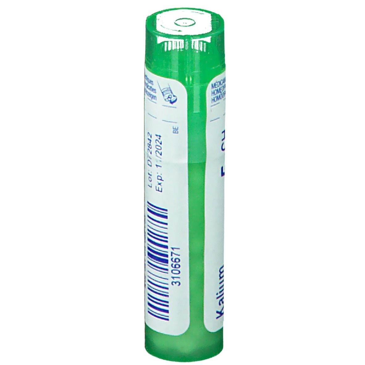 Tube cylindrique vert. Inscription: Kalium, 3106671, Exp: 1/2024.