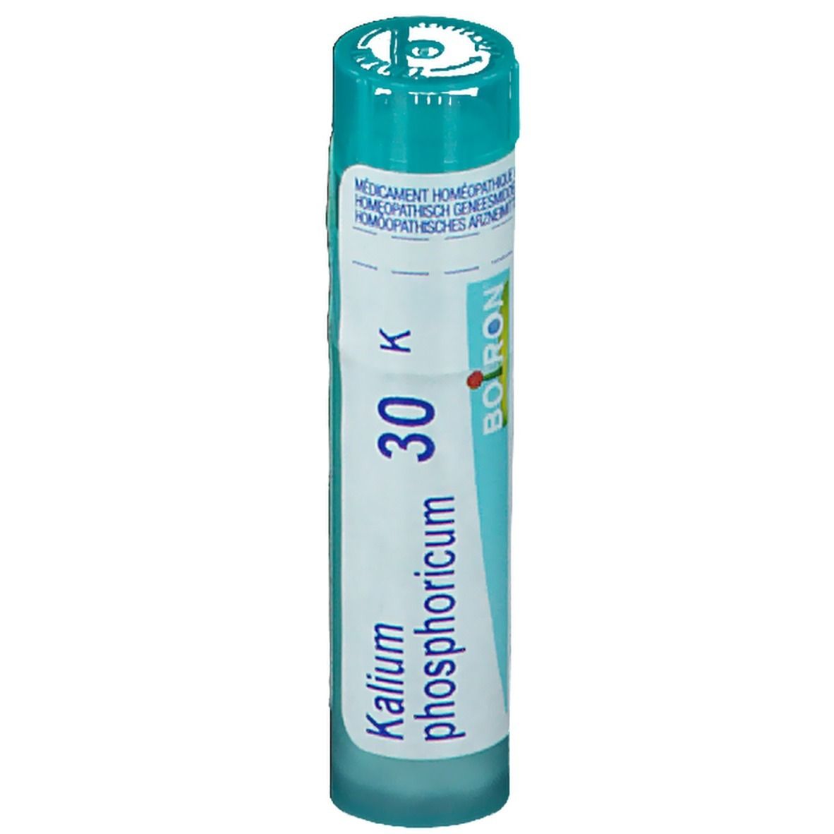 Cilindrische verpakking met blauwe dop. Opschrift: Kalium phosphoricum 30 K, Boiron.