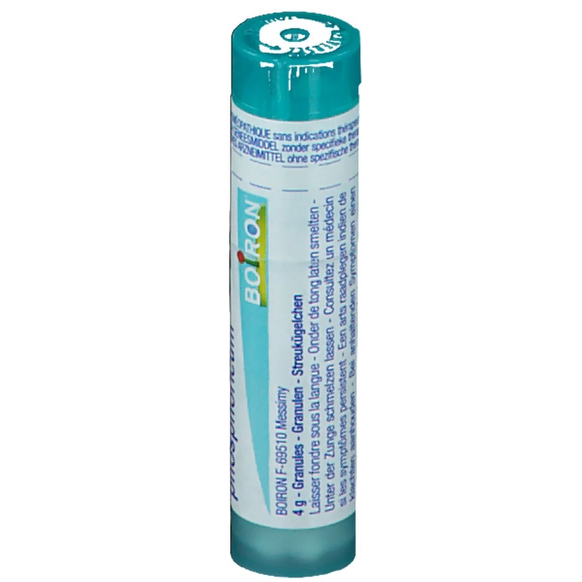 Cilindrische verpakking met blauwe dop. Opschrift: Granules, 4 g, Boiron.