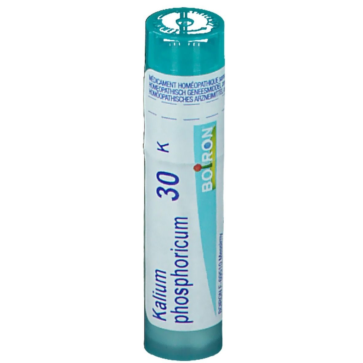 Cilindrische verpakking met blauwe dop. Opschrift: Kalium phosphoricum 30 K, Boiron.