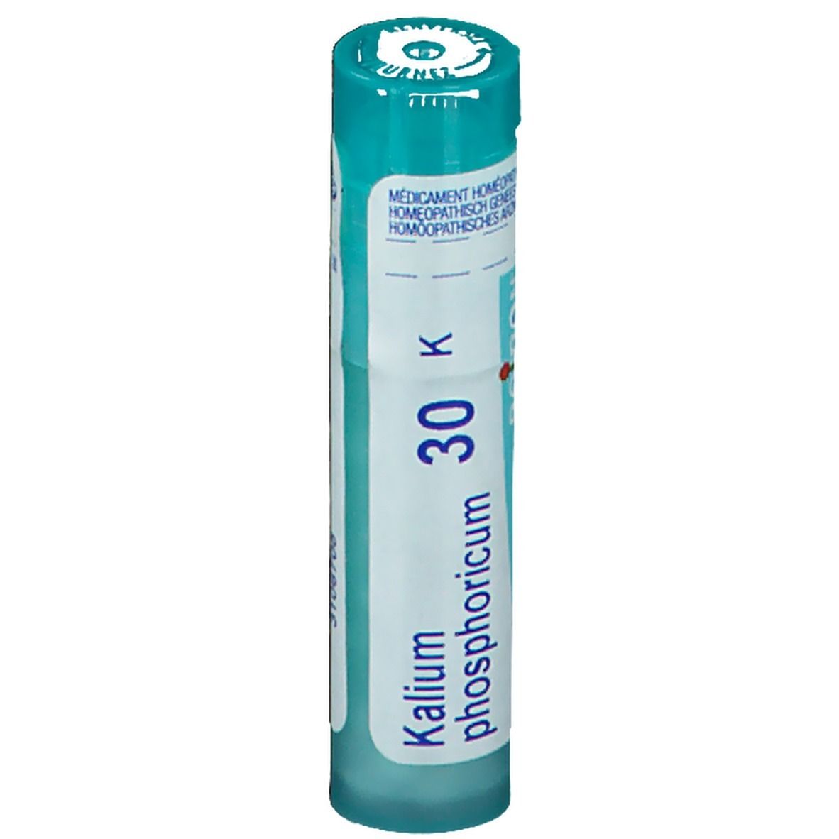 Cilindrische verpakking met blauwe dop. Opschrift: Kalium phosphoricum 30 K.