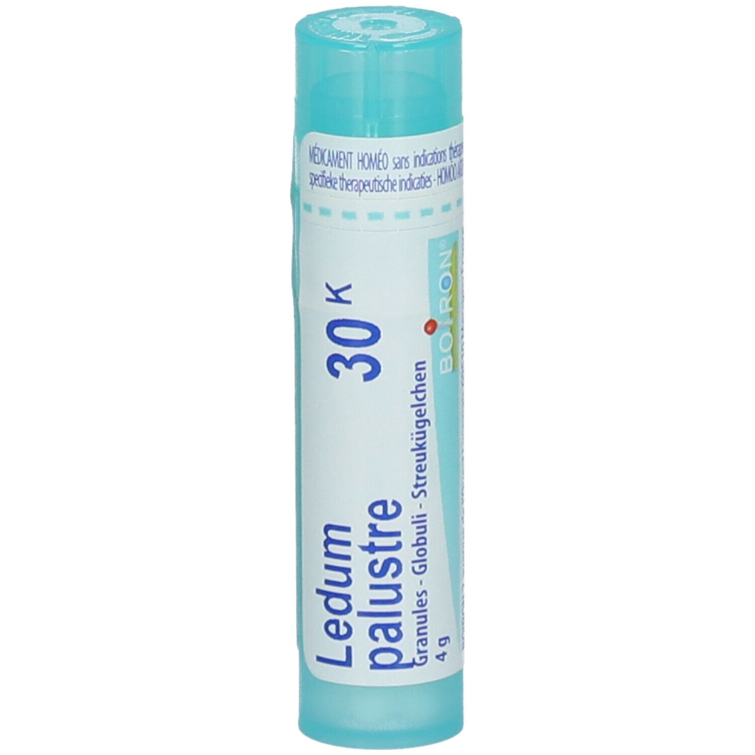 Cilindrische tube met blauwe dop. Opschrift: Ledum palustre, 30K, Boiron. Bevat granules.