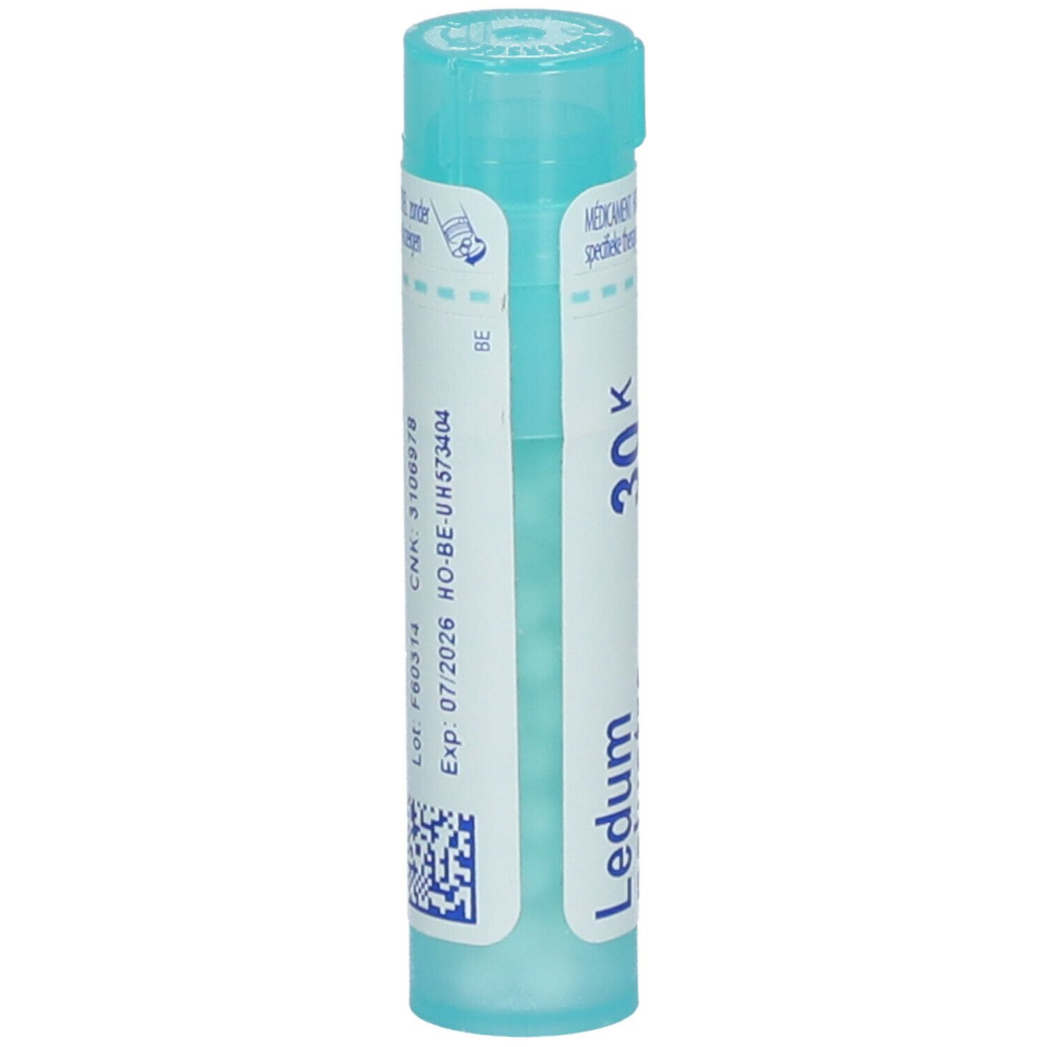 Blauwe tube met wit etiket. Opschrift: Ledum palustre, 30K. Bevat granules. QR-code en vervaldatum.
