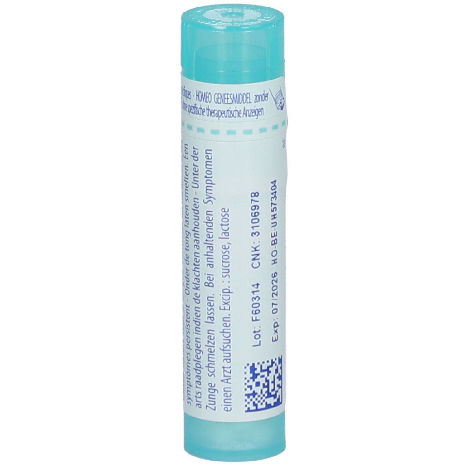 Blauwe tube met wit etiket. Opschrift: Ledum palustre, 30K. Bevat granules. QR-code en vervaldatum.